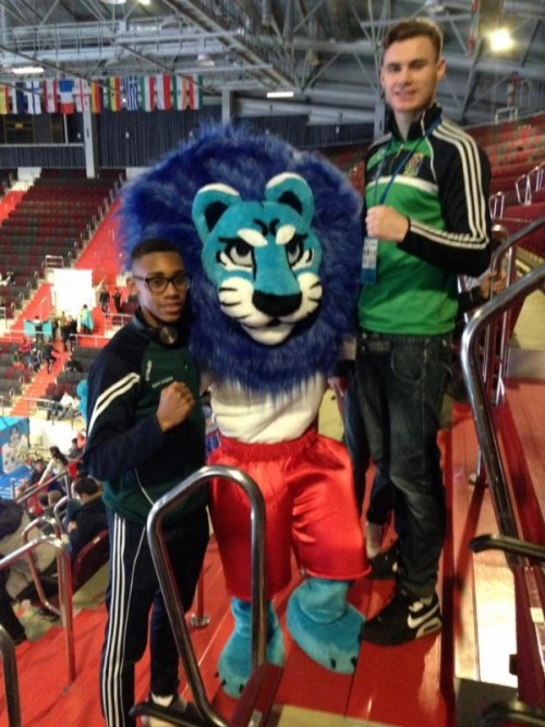 Gabriel Dossen and Michael Nevin with the offical mascot for the World Youth Championships 