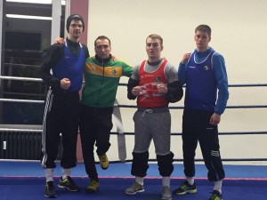 Adam Nolan, James Cleary and George Bates with Irish coach Dmitry Dimitruc ahead of their Bundesliga match in Germany in March