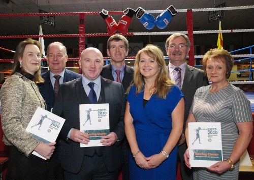 At the IABA 2017-2020 Strategic Launch in the National Stadium were Lisa Clancy, Clansult, Pat Ryan President IABA, Fergal Carruth CEO IABA Ciaran Kirwan, Direrctor in the IABA, Susan O'Shea, SOS Sports Consultants, DEs Fitzgerald Chairman of the Stradetic Plan and Sadie Dunphy, Ulster Boxing IABA. Photo John Mooney Photos