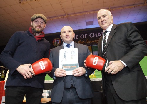 At the IABA 2017-2020 Strategic Launch in the National Stadium were Andy Lee, former Olympian and WBO World Middleweight Champion, Fergal Carruth CEO IABA and Joe Christle Chairman of the Board of Directors IABA. Photo John Mooney Photos