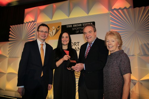 Kellie Harrington receiving The Irish Times Sport Ireland Sportswoman Award for May from Minister of State for Tourism and Sport Patrick Donovan, Malachy Logan, Sports Editor of The Irish Times and Frances Kavanagh Sport Ireland. 