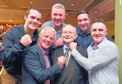 2 February 2015; Broadcaster and Journalist Jimmy 'The Memory Man' Magee with boxers who between them hold 40 national boxing titles, from left to right, boxer Darren O'Neill, 5, Mick Dowling, 8, Jim O'Sullivan,10, Kenny Egan, 10, and Billy Walsh, 7 