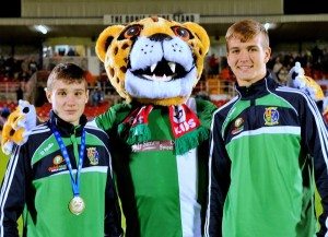 Eamer Coughlan and Tommy Hyde meet Cork City FC mascot 